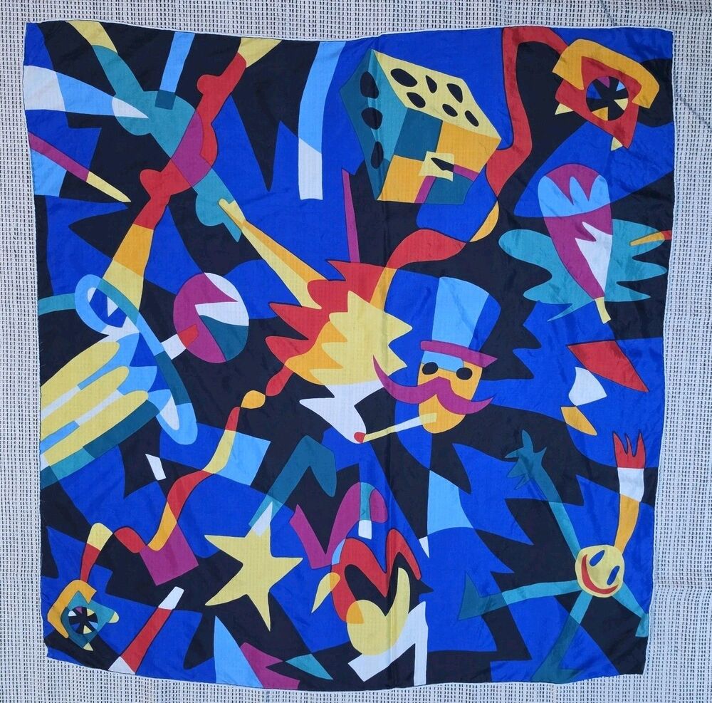 Vintage Ashley Brooke Silk Scarf Geometric Postmodern Pop Art Circus 33" Square